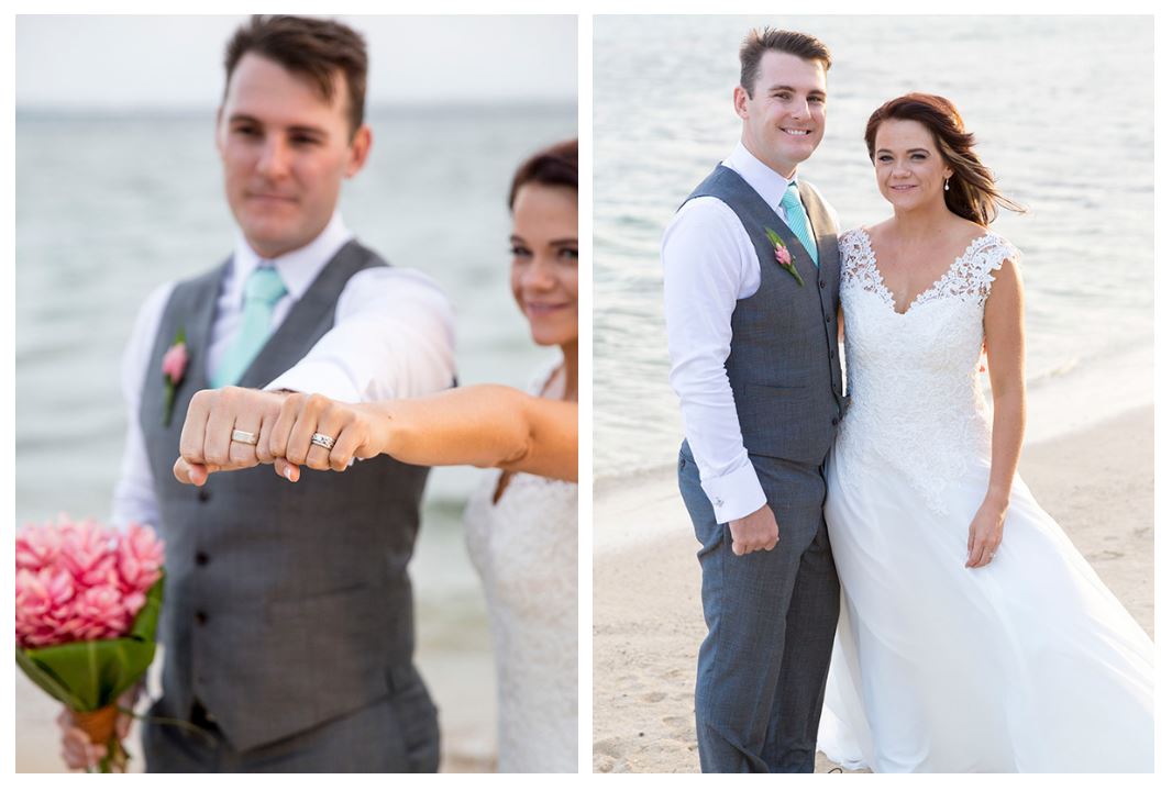 2 picture of Ariane & Damien wedding including one of them showing off their wedding rings from Stephen Dibb Jewelry