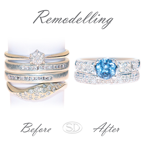 An example of jewellery remodelling showing Before & After. The before is 4 rings of varying style & quality all in white gold. The after is engagement ring & wedding ring set. The engagement ring features a blue, Ceylonese sapphire with tapered diamond shoulders.  The matching wedding rings is a diamond pave set in white diamonds & white gold. 