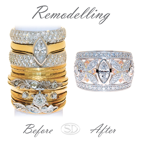 Excellent example of jewellery remodelling. Before & after of a remodelled ring. The before is 7 rings of varying style & quality with both white & yellow gold. The after is a tapered wide ring studded with diamonds including a centre marquise diamond. The ring is white gold with a hint of rose gold. Rose gold is also called pink gold. 