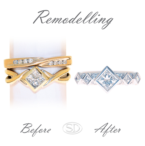 A lovely example of jewellery remodelling showing Before & After. The before is 2 yellow gold rings with white diamonds. The after is a single ring that features multiple section that are diamond shaped that are set with diamonds. The design is completed in white gold.  