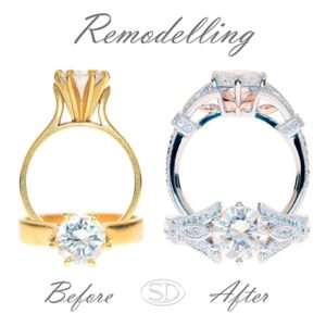 Before & after jewelry remodelling. The original ring is a yellow gold, solitaire diamond ring in all yellow gold. The remodelled ring is white gold & rose gold with decorative shoulders around the original diamond.