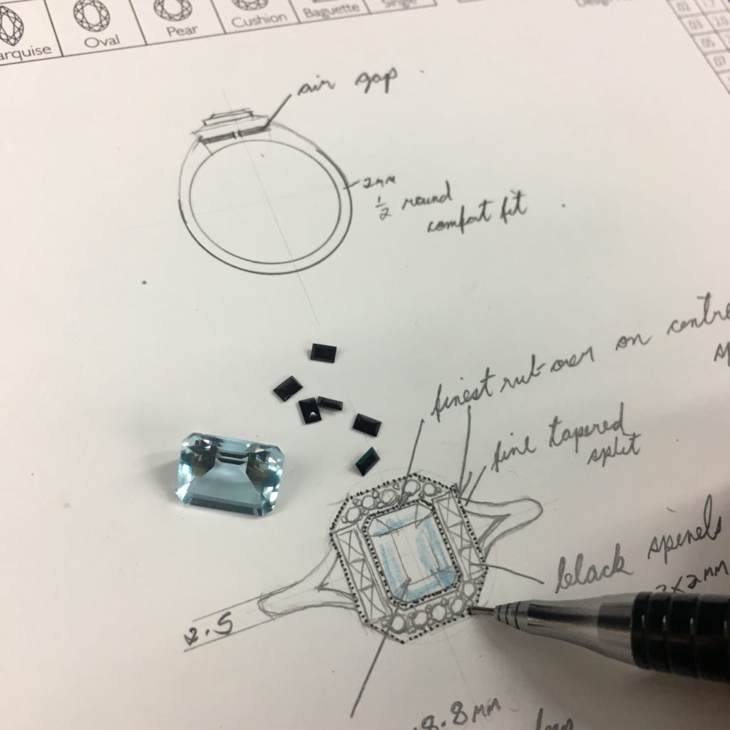 designer finishing of a drawing of ring with the gemstones that will be used in it.