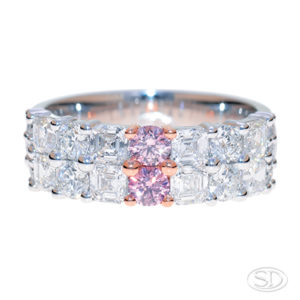 pink diamond ring with asscher cut, white diamonds, front view