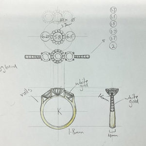 jewellery designer's drawing of three stone diamond engagement ring