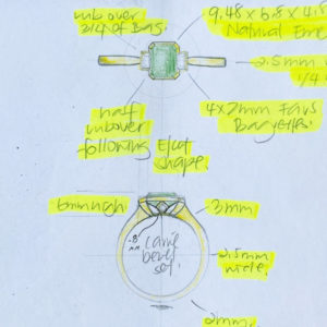 design drawing of emerald ring. The design features a emerald-cut emerald with baguette diamonds shoulder stone