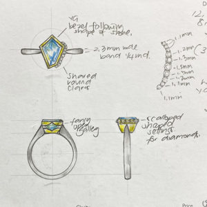 design drawing for free-form, Australian-sapphire ring with diamonds down one side