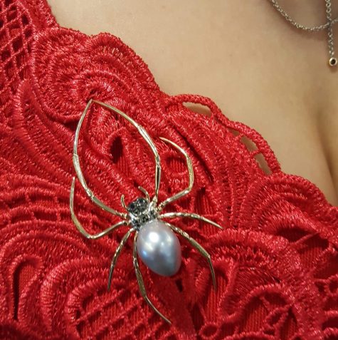 Spider-Nephila-Lucilia-award-winner–detachable-spider-brooch-on-red-lace-dress